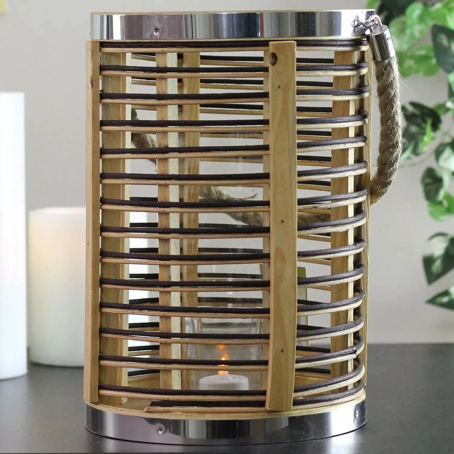 11.5 Inch Chic Rattan Cylinder Candle Holder with Jute Handle