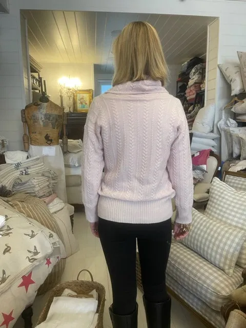 2-ply Fine Cable Funnel Neck Cashmere Jumper - Palest Pink