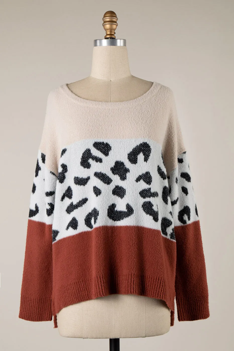 ANIMAL PRINT CONTRAST COLOR BLOCK SOFT SWEATER 1 PACK