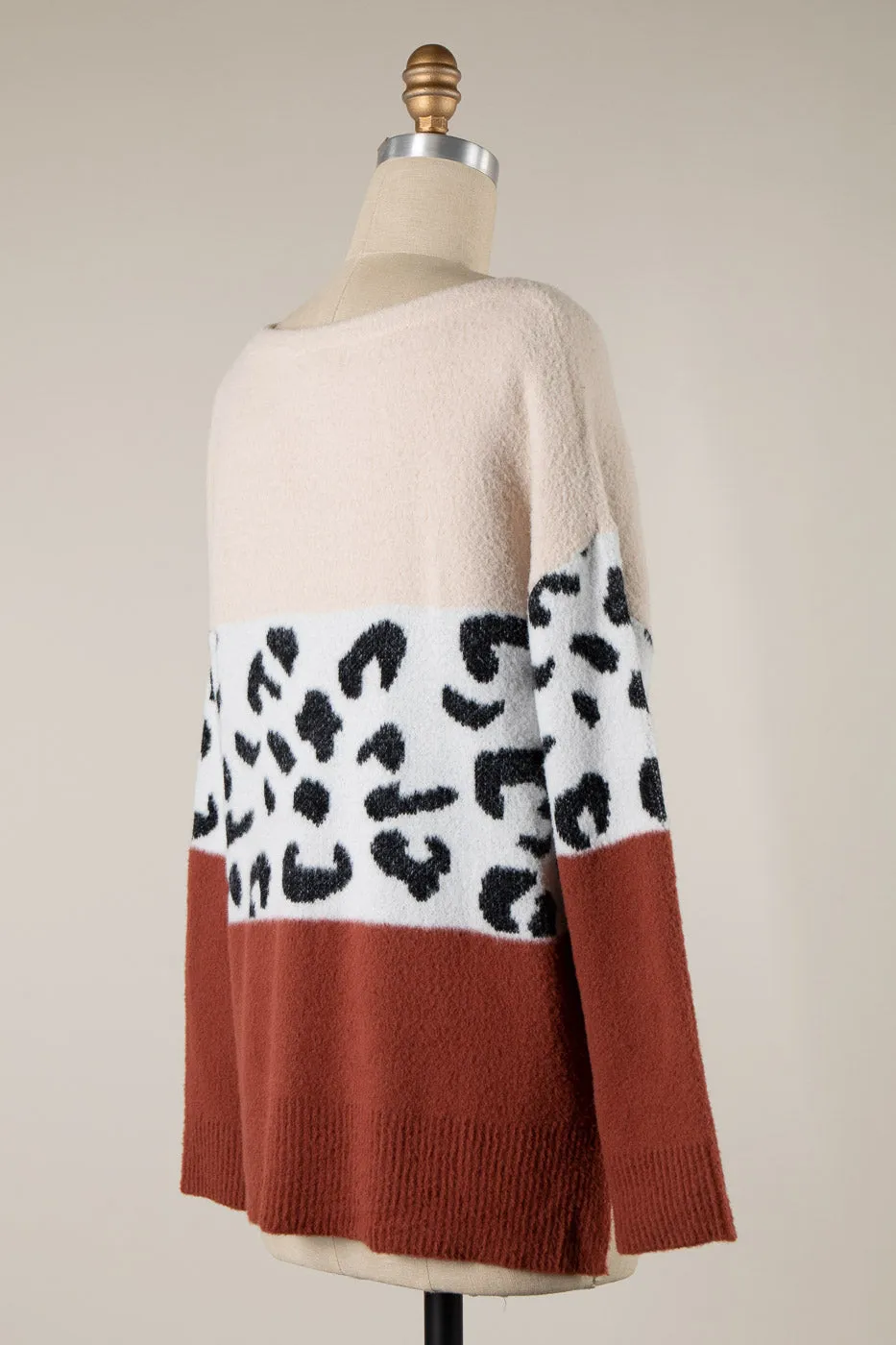 ANIMAL PRINT CONTRAST COLOR BLOCK SOFT SWEATER 1 PACK