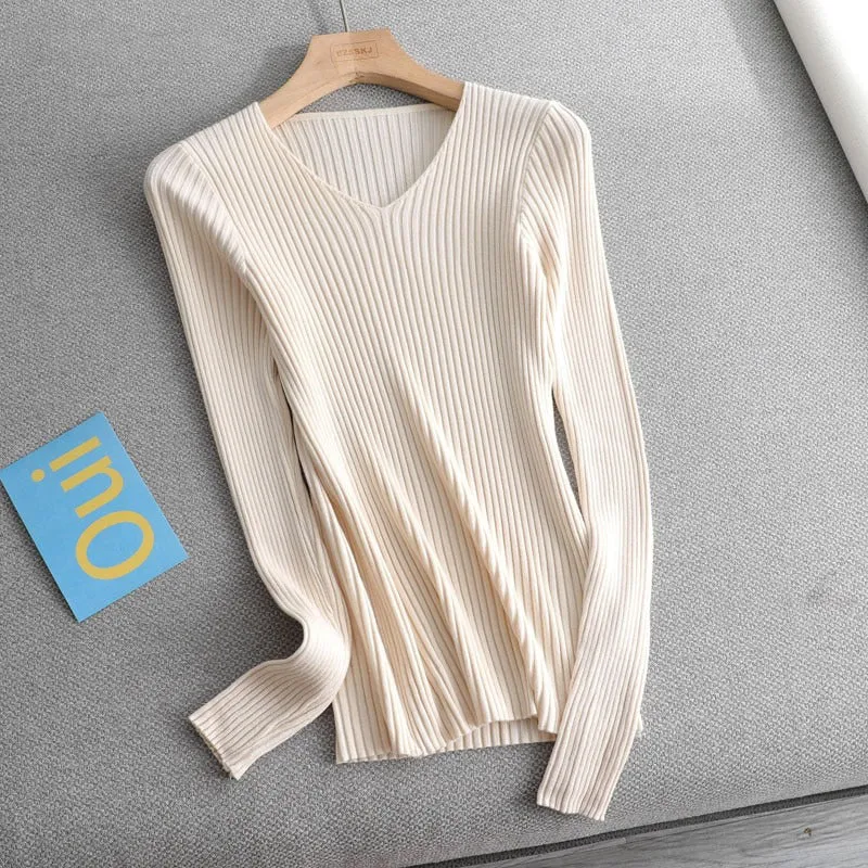 Basic V-neck Solid Sweater Pullover Women Female Knitted Sweater