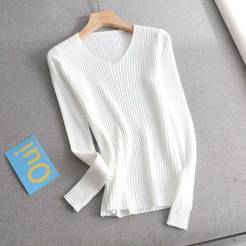 Basic V-neck Solid Sweater Pullover Women Female Knitted Sweater