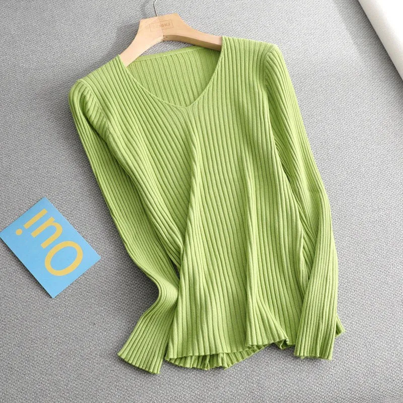 Basic V-neck Solid Sweater Pullover Women Female Knitted Sweater