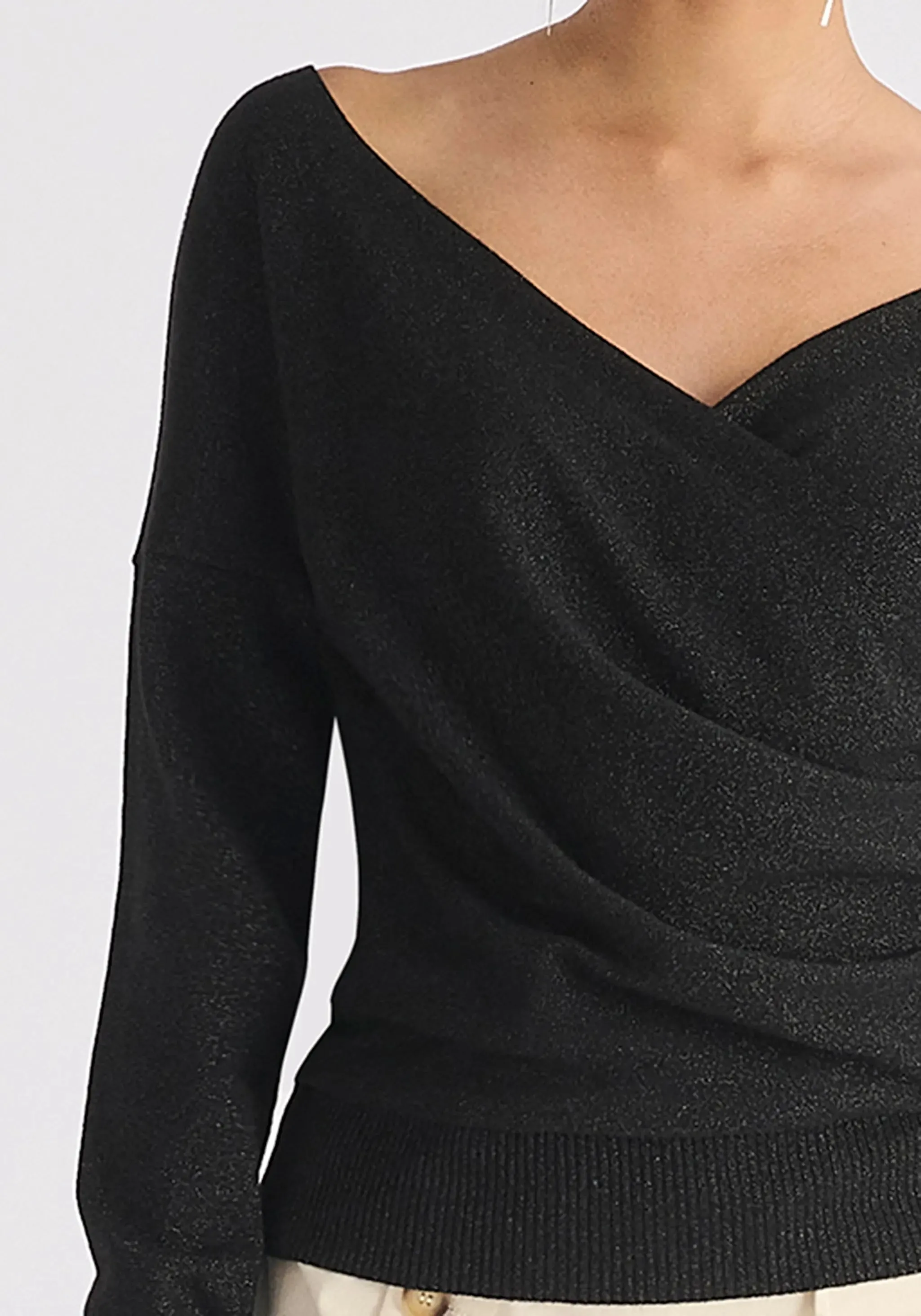 Black and Gold Sparkle Knitted Wrap Top With Long Sleeves