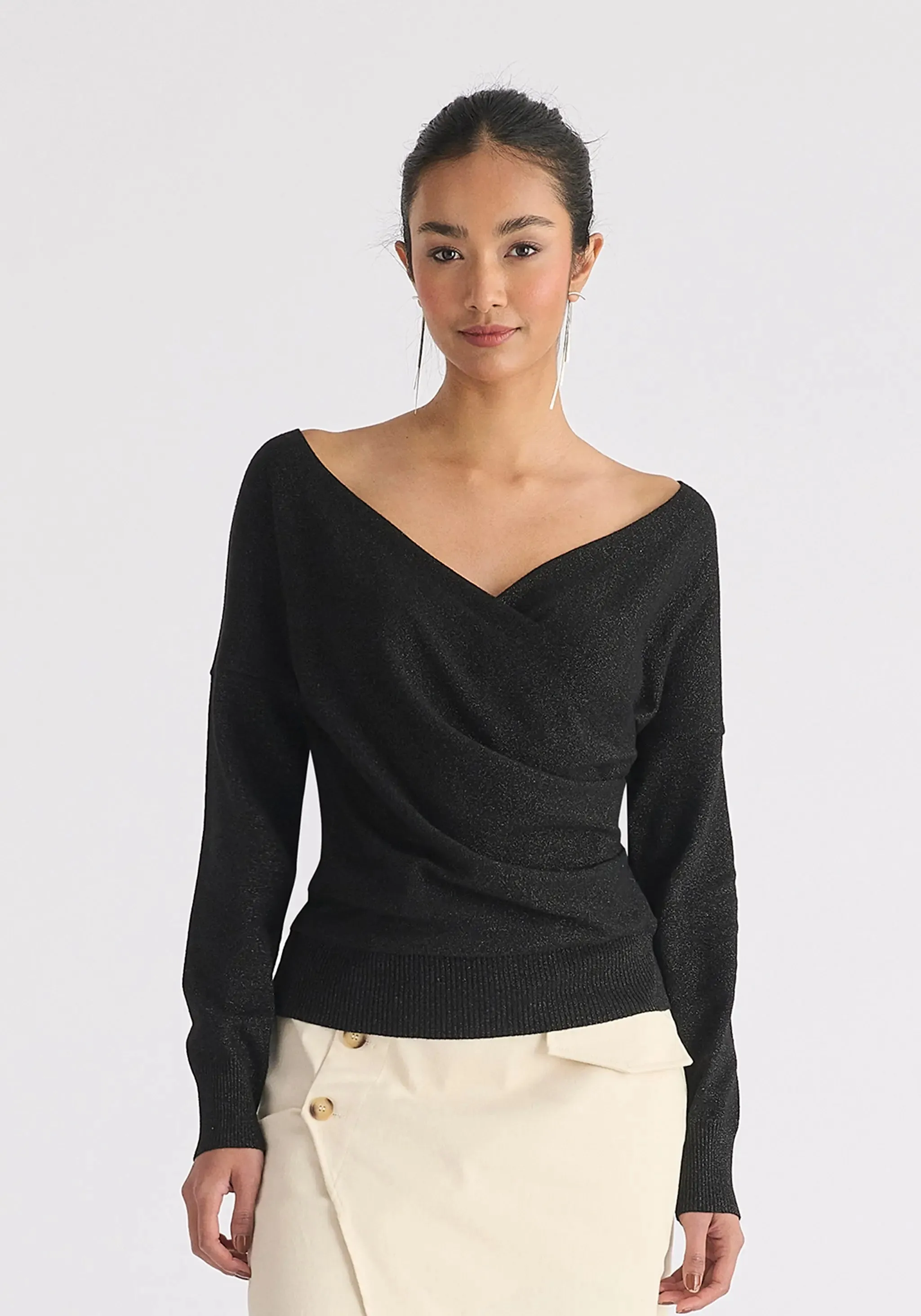 Black and Gold Sparkle Knitted Wrap Top With Long Sleeves