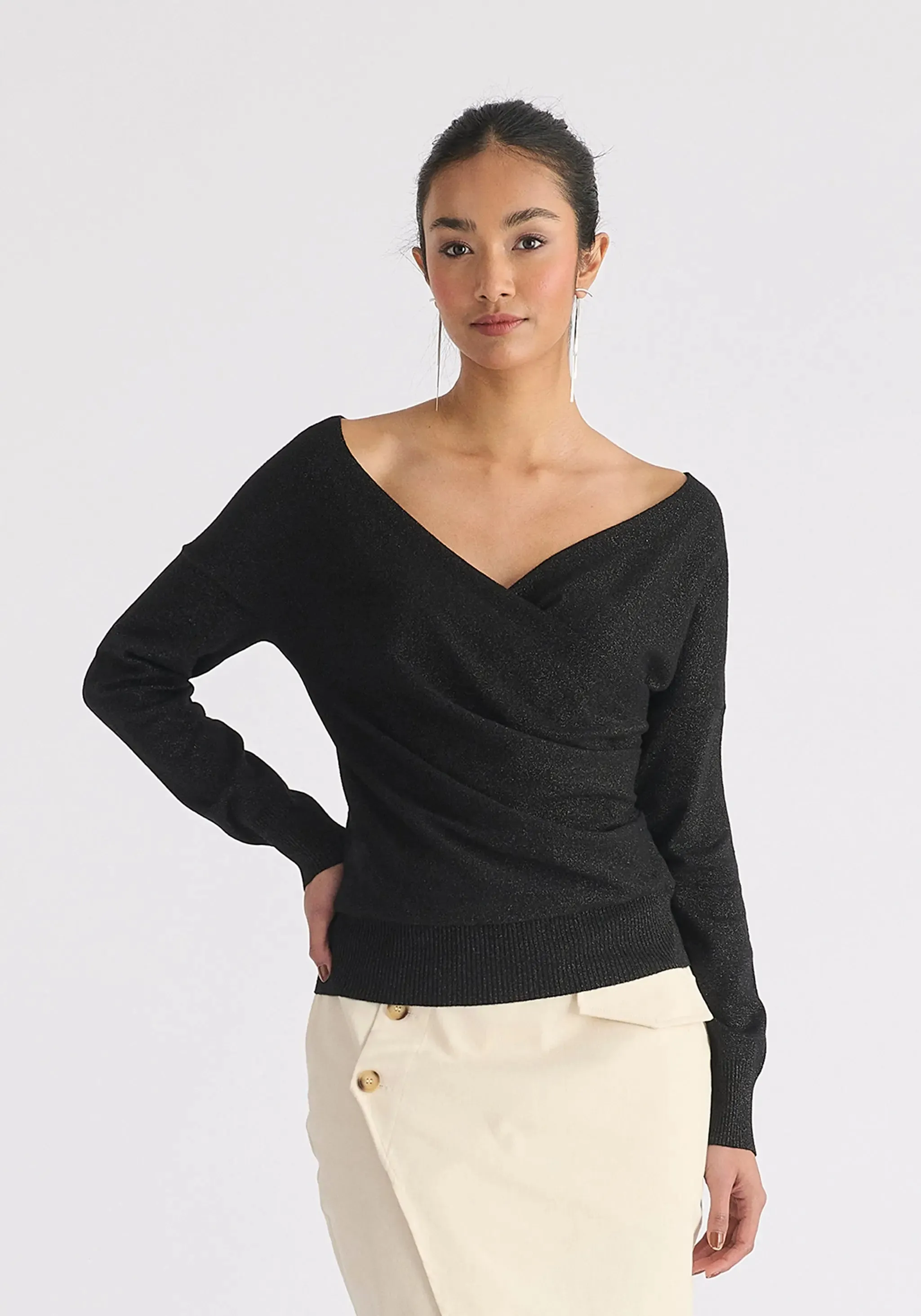 Black and Gold Sparkle Knitted Wrap Top With Long Sleeves