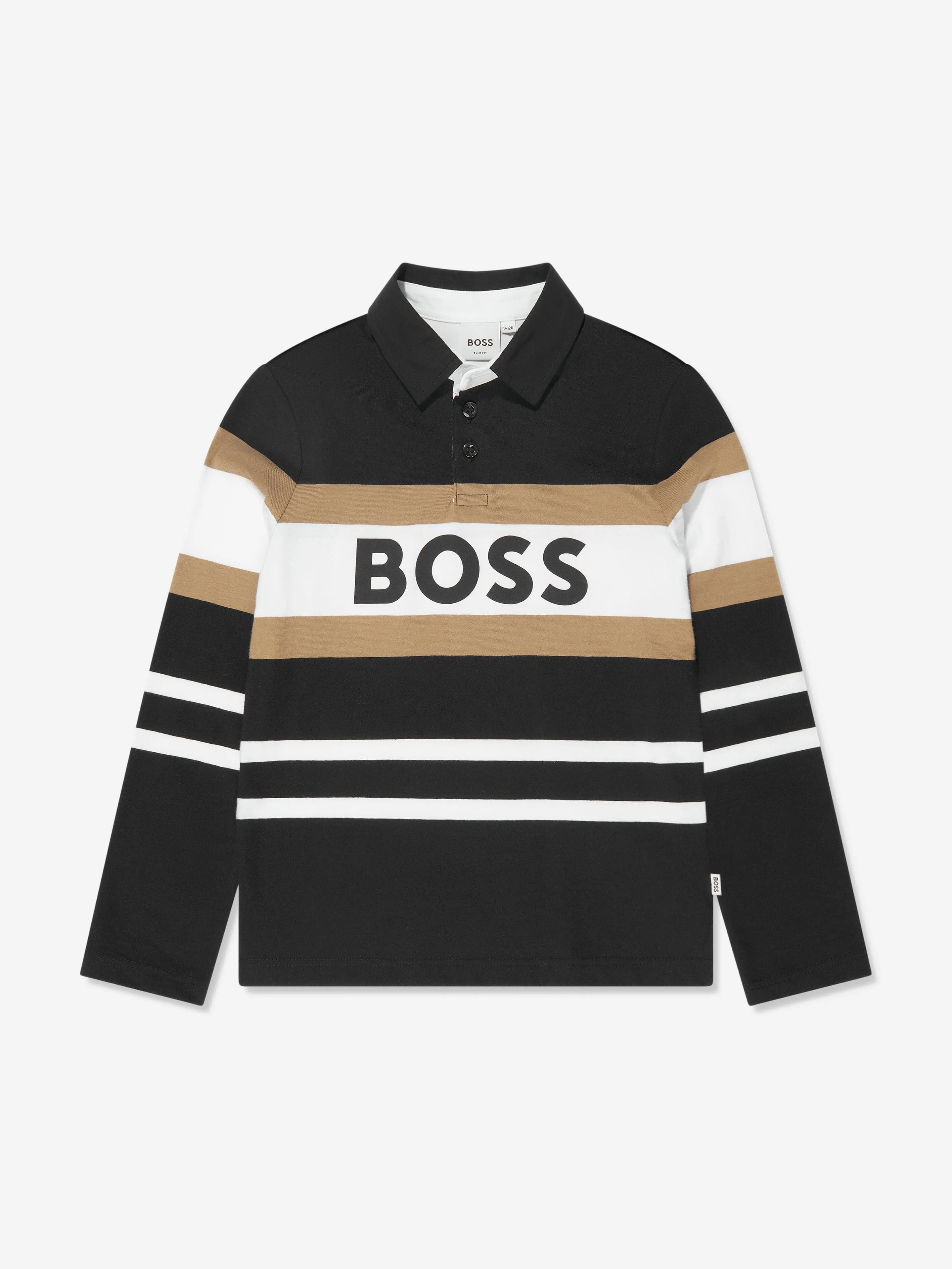 BOSS Boys Long Sleeve Striped Polo Shirt in Black