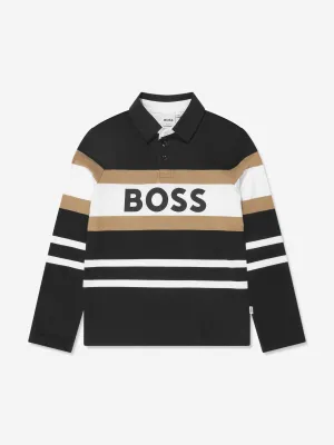 BOSS Boys Long Sleeve Striped Polo Shirt in Black