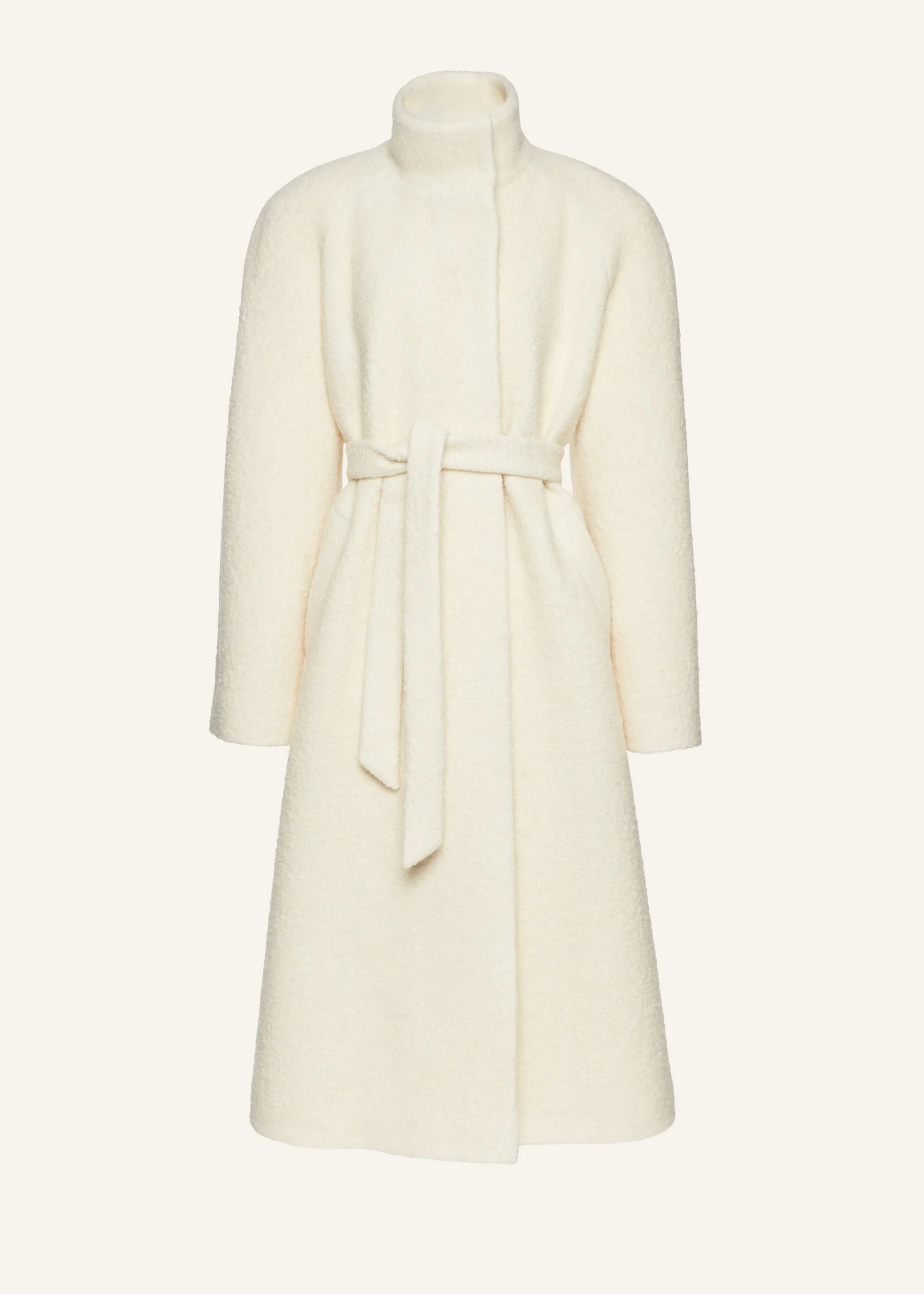 Bouclé high-neck wrap coat in cream