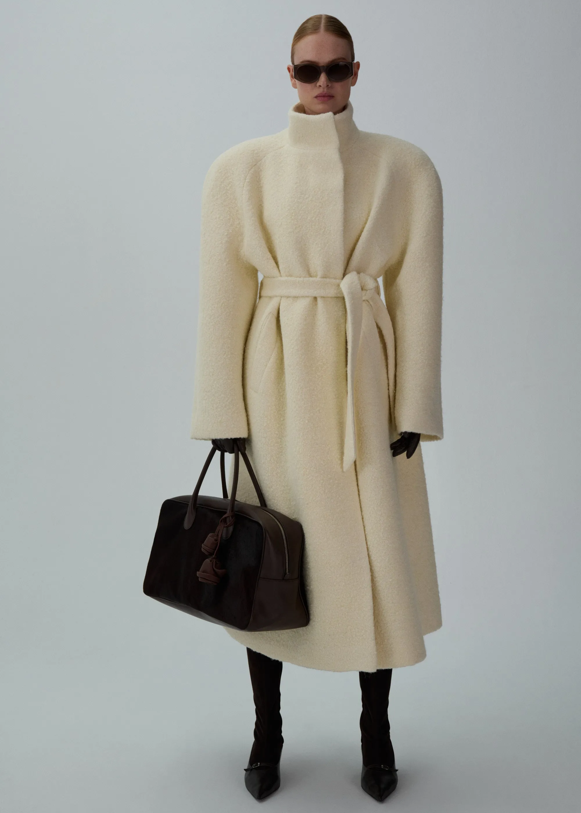 Bouclé high-neck wrap coat in cream