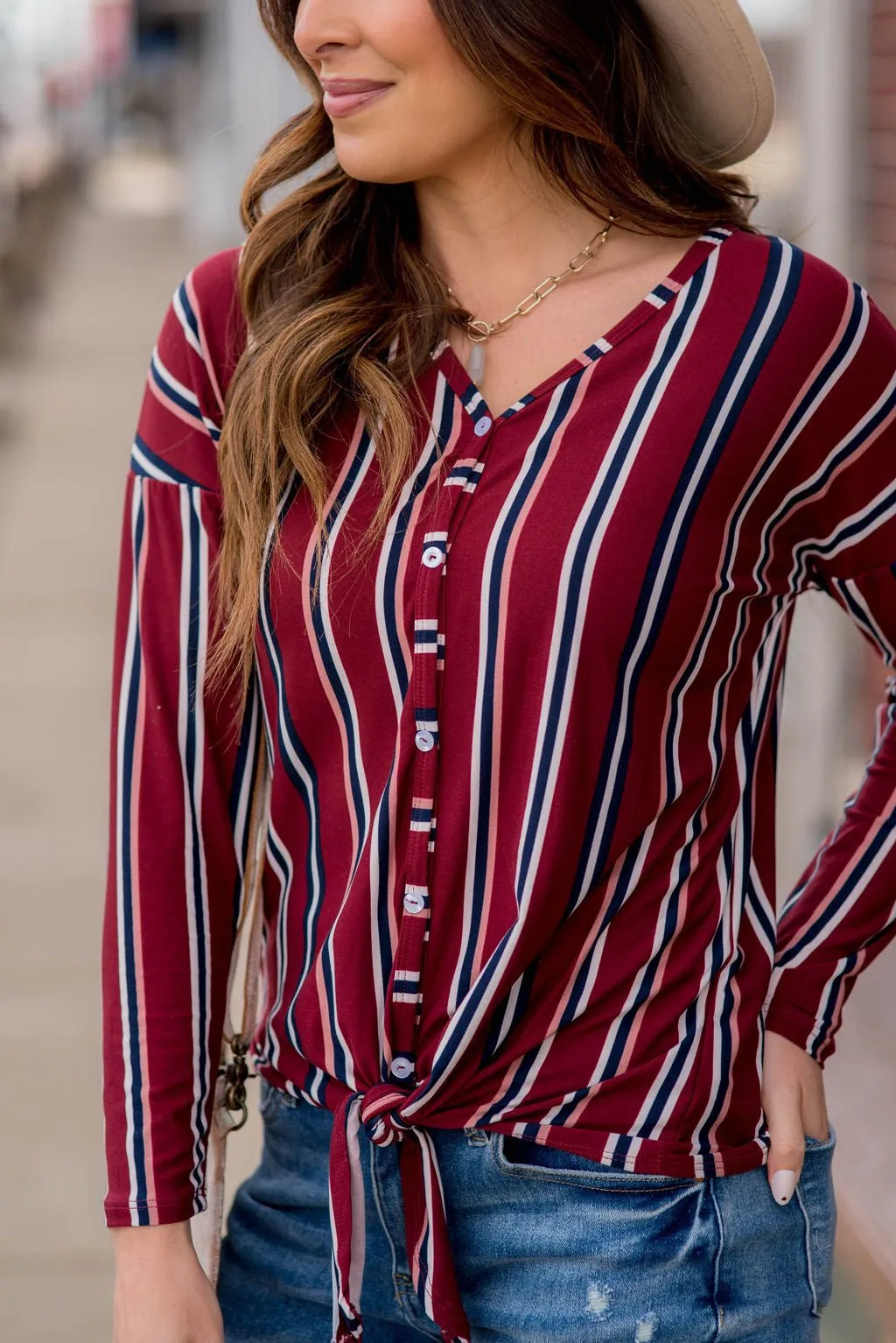 Button Up Vertical Stripe Tie Bottom Blouse