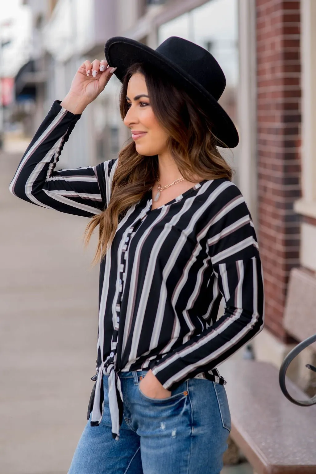 Button Up Vertical Stripe Tie Bottom Blouse