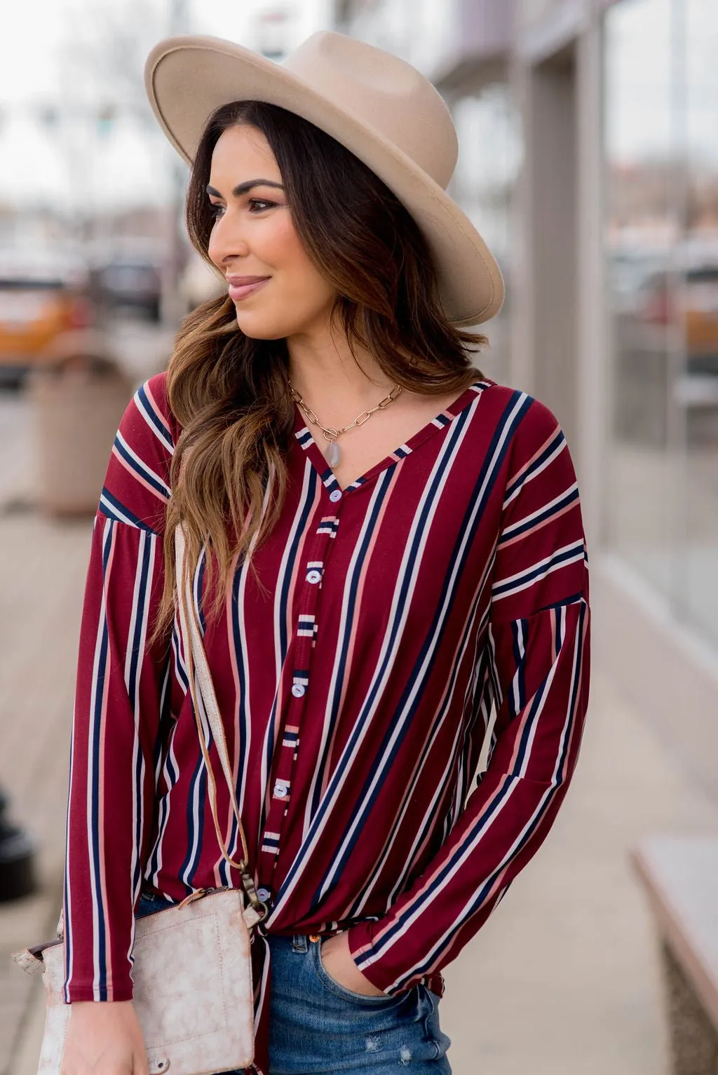 Button Up Vertical Stripe Tie Bottom Blouse