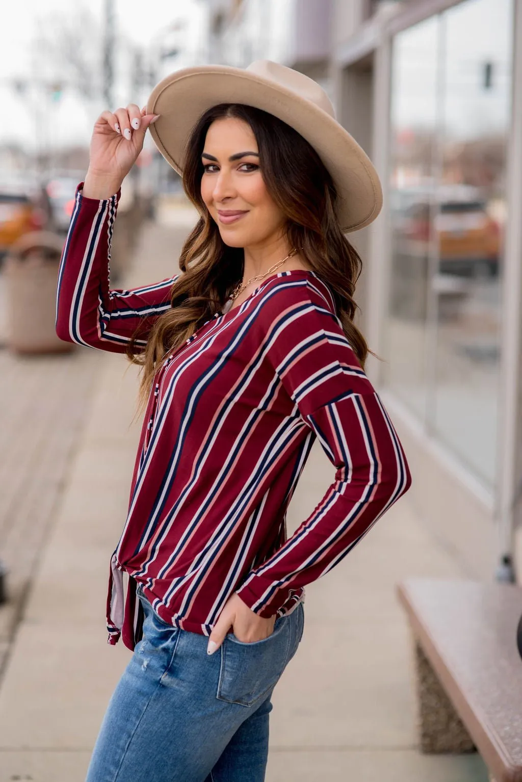 Button Up Vertical Stripe Tie Bottom Blouse