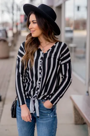 Button Up Vertical Stripe Tie Bottom Blouse