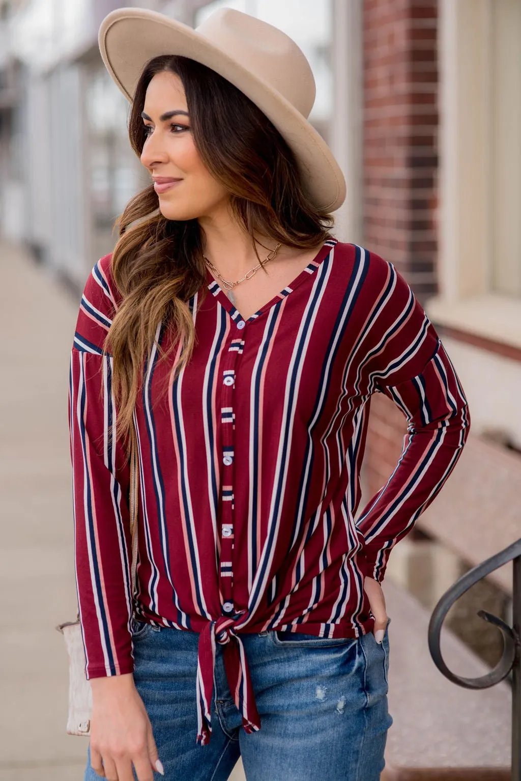 Button Up Vertical Stripe Tie Bottom Blouse