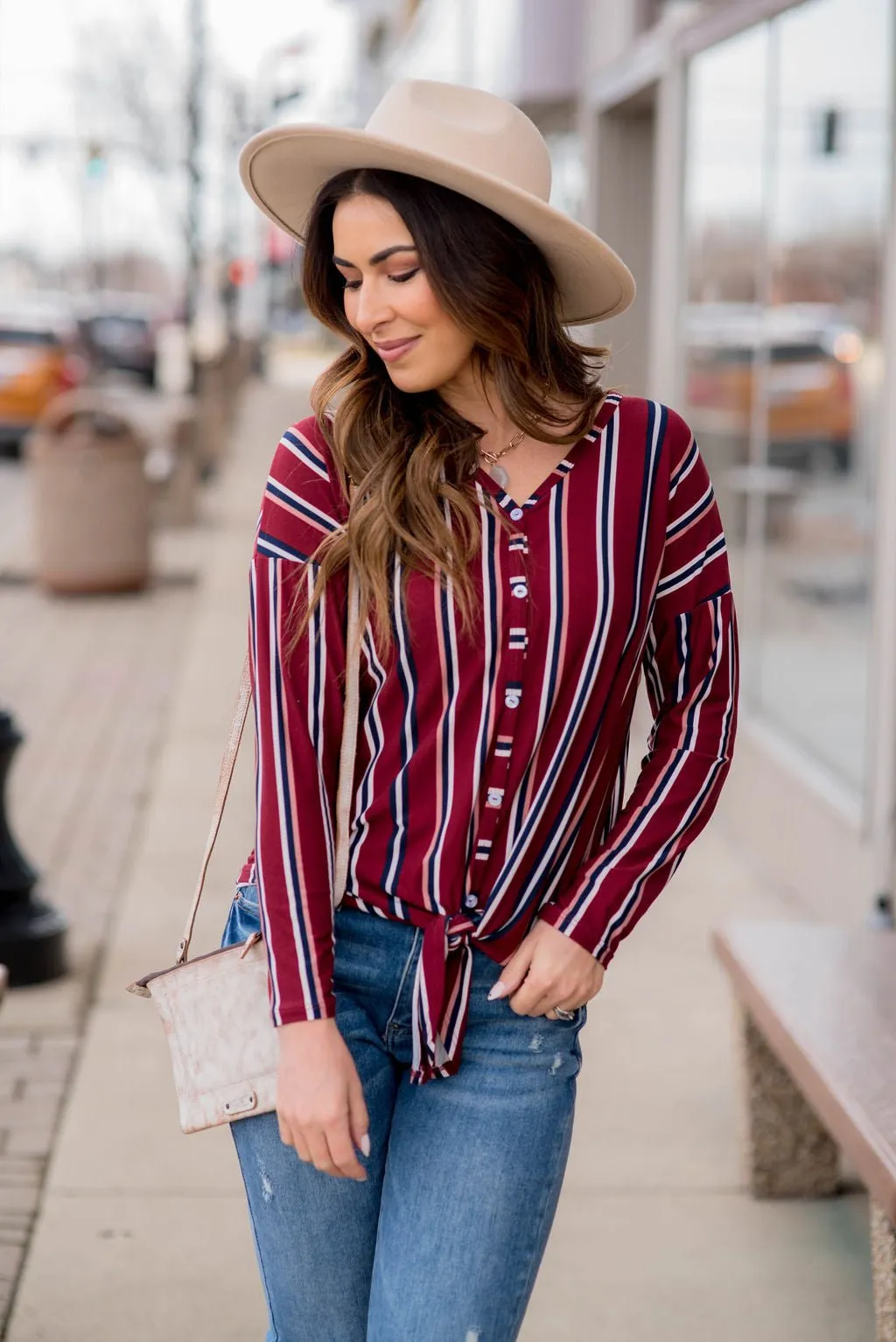 Button Up Vertical Stripe Tie Bottom Blouse