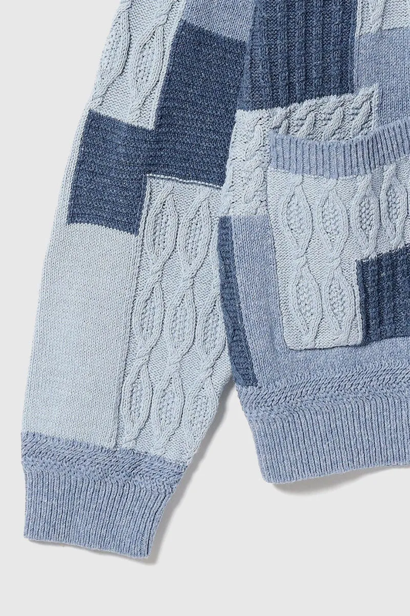 Cardigan Patchwork Like Jacquard - Blue