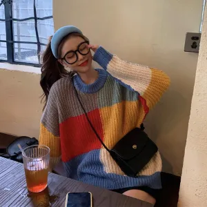 Contrast Color Block Oversized Knitted Sweater