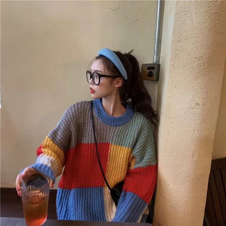 Contrast Color Block Oversized Knitted Sweater