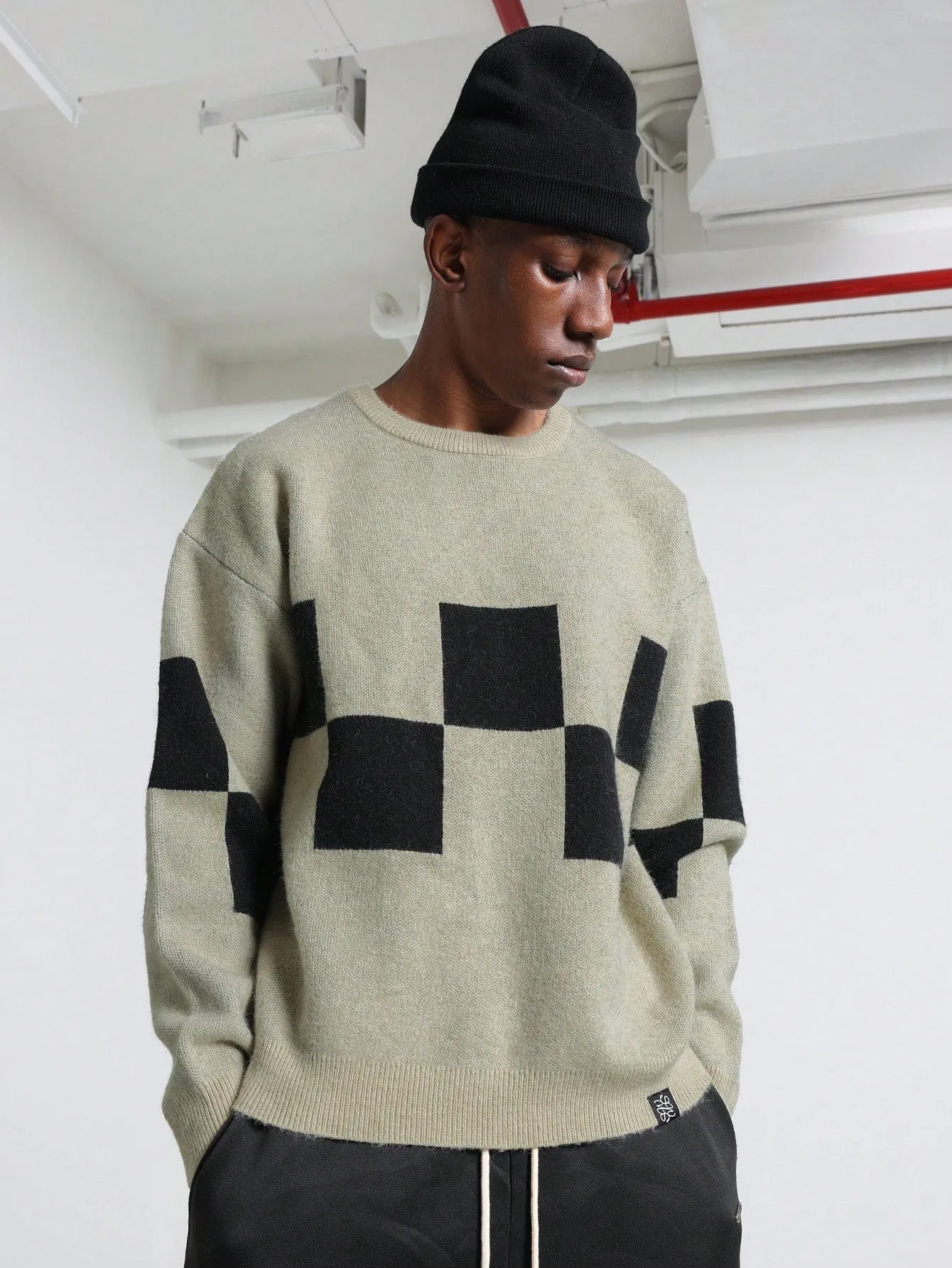 Crew Neck Checkboard Sweater