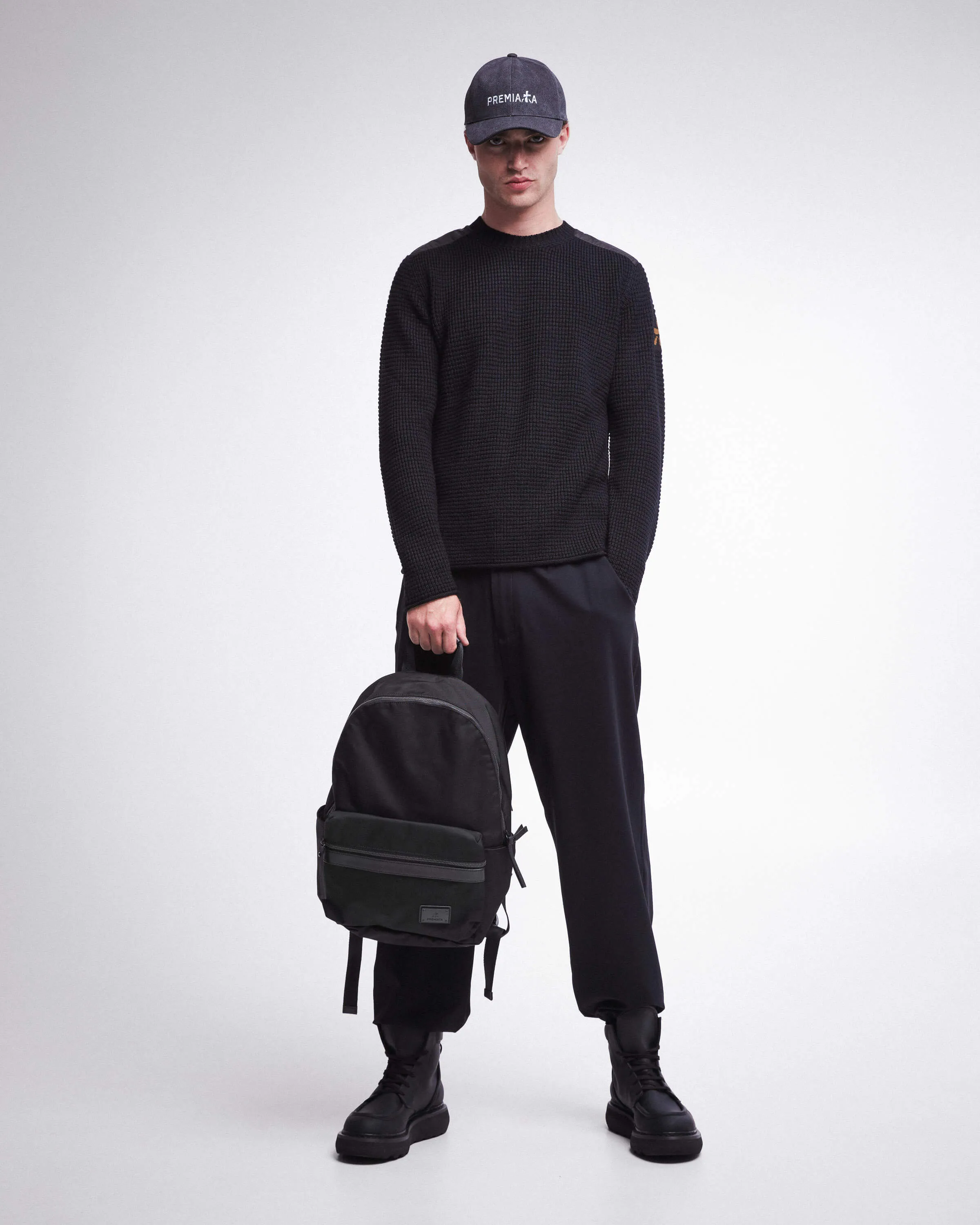 Crewneck Wool Sweater with Nylon Details Black PMG07100