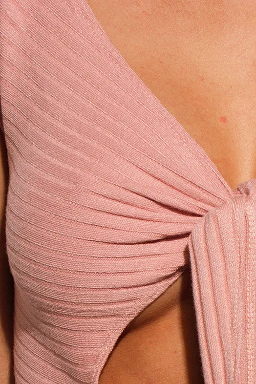 DUSTY PINK RIBBED KNIT CUT OUT CAP SLEEVE FRONT TIE BODYSUIT TOP