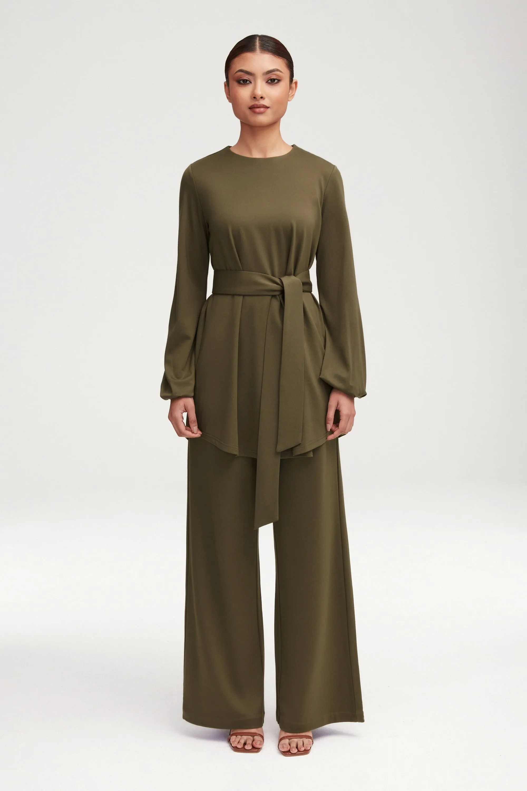 Fatima Everyday Belted Jersey Top - Olive