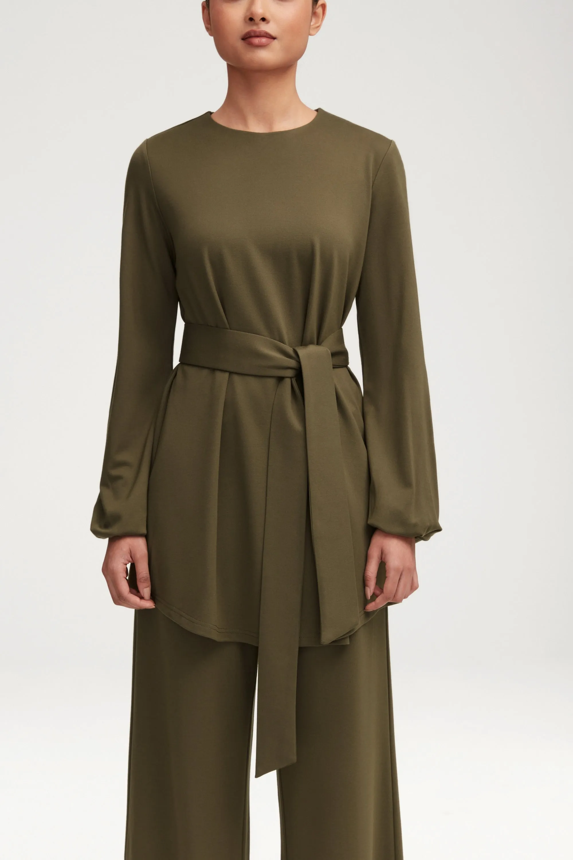 Fatima Everyday Belted Jersey Top - Olive