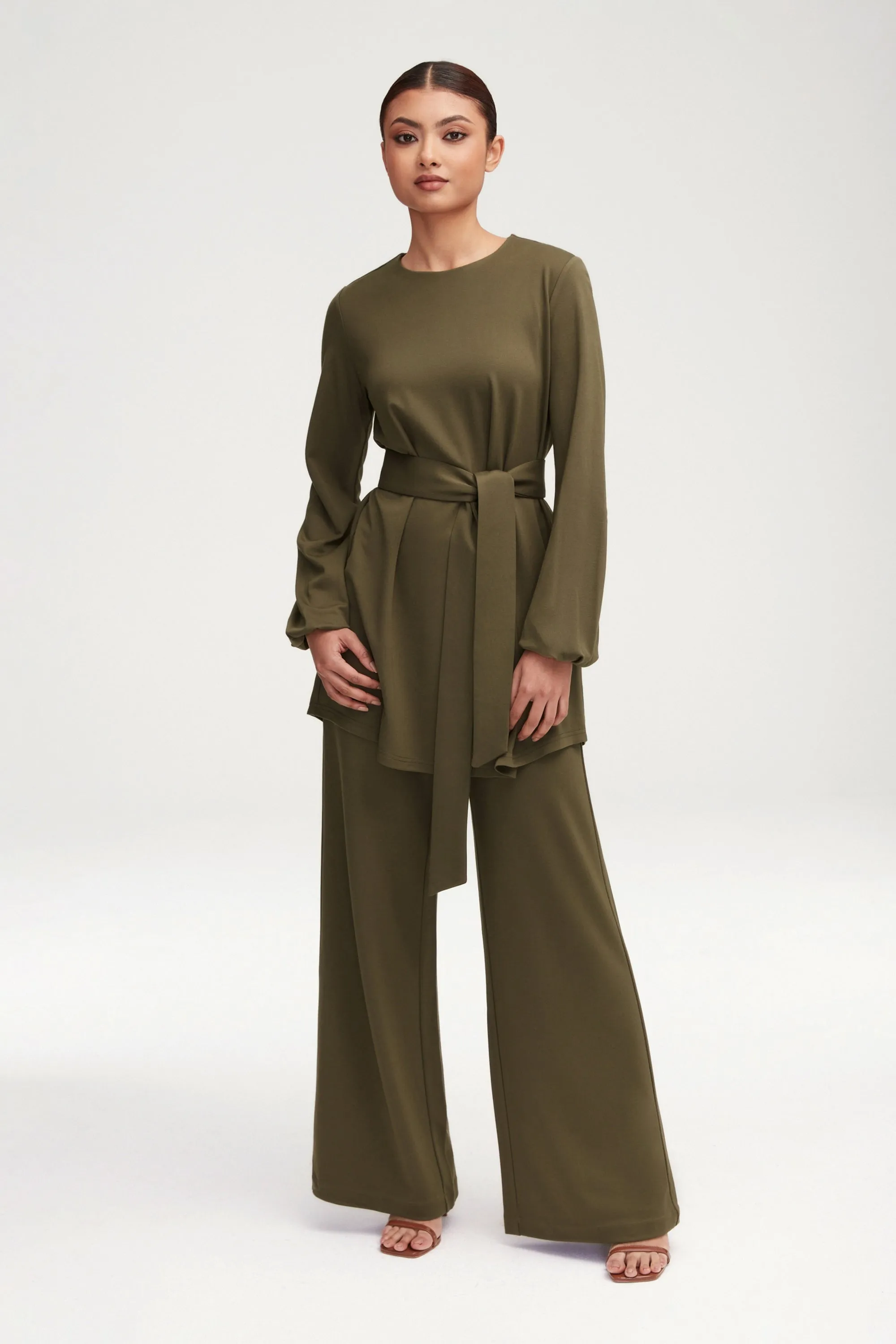 Fatima Everyday Belted Jersey Top - Olive