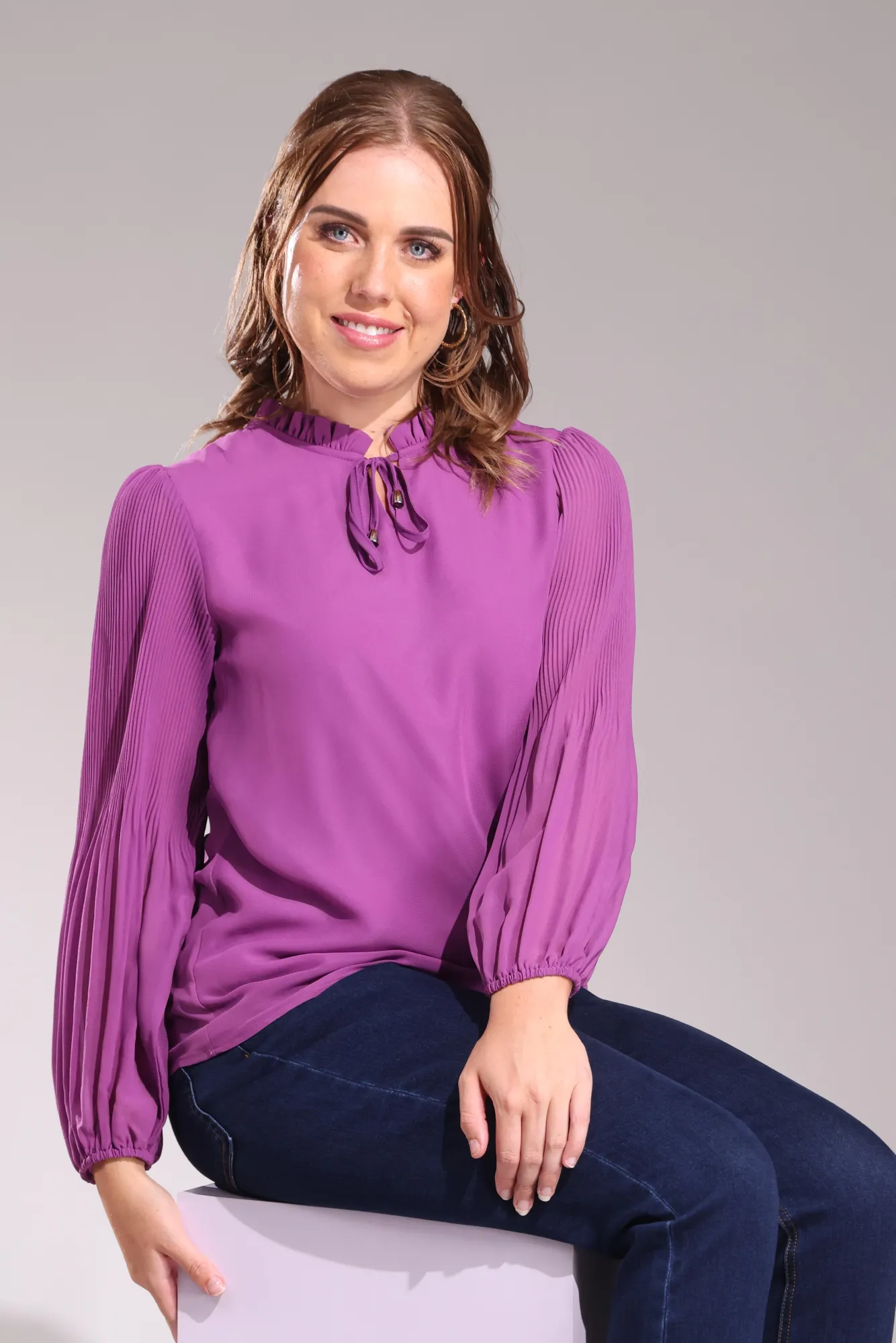 Fine pleat & ruffle neck Top | Amethyst | 8541ZZ