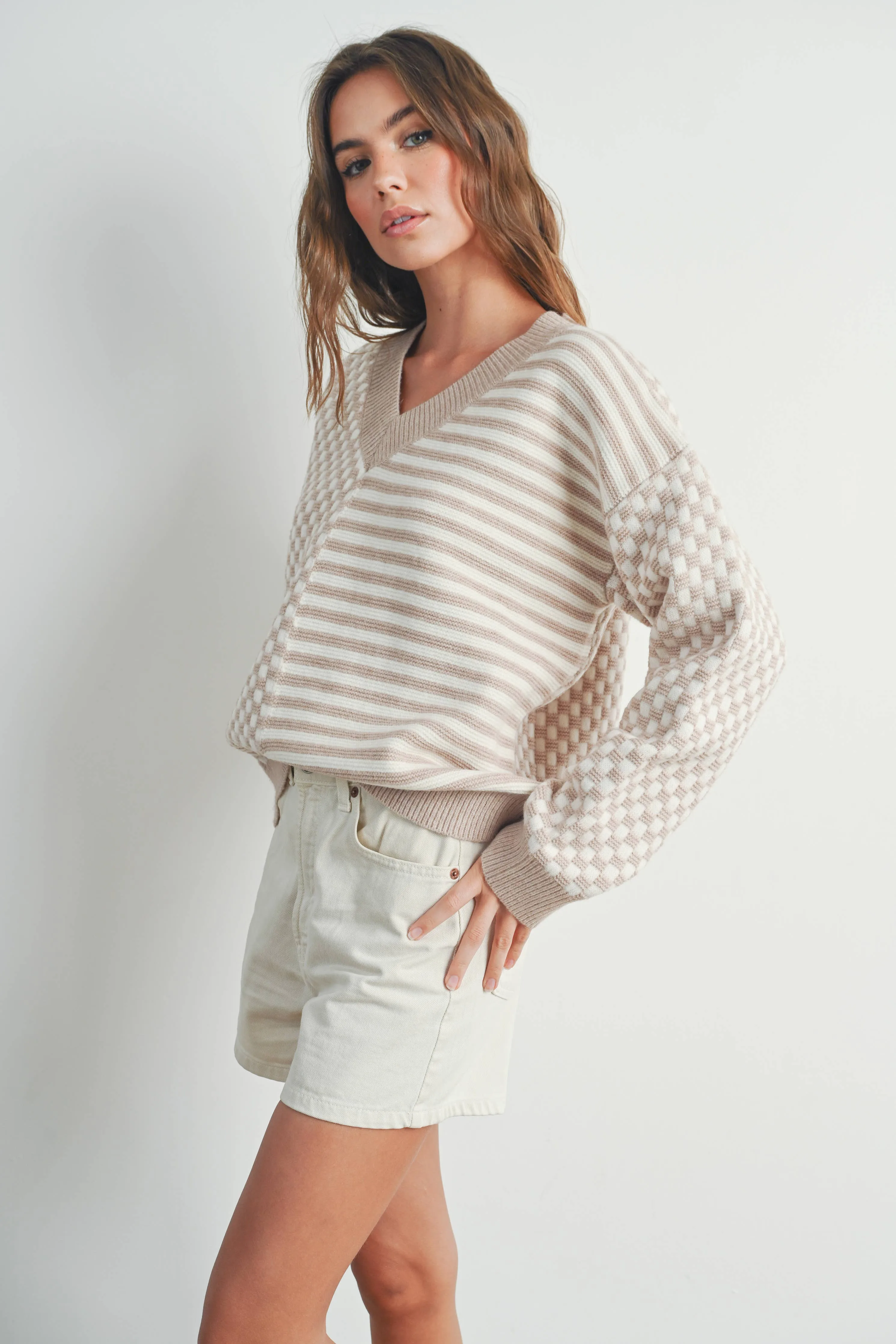 Frenchy Checkered Pattern Drop Shoulder Sweater