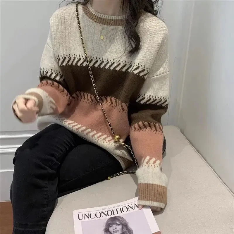 Gentle Style Fashionable Stylish Contrast Color Lazy Sweater Women's