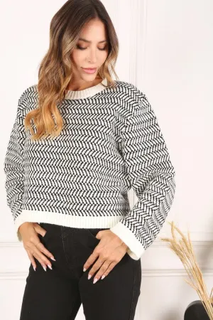 Herringbone Pattern Crew Neck Sweater