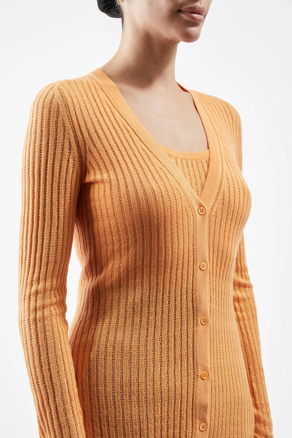 Homer Pointelle Knit Cardigan in Fluorescent Orange Cashmere Silk