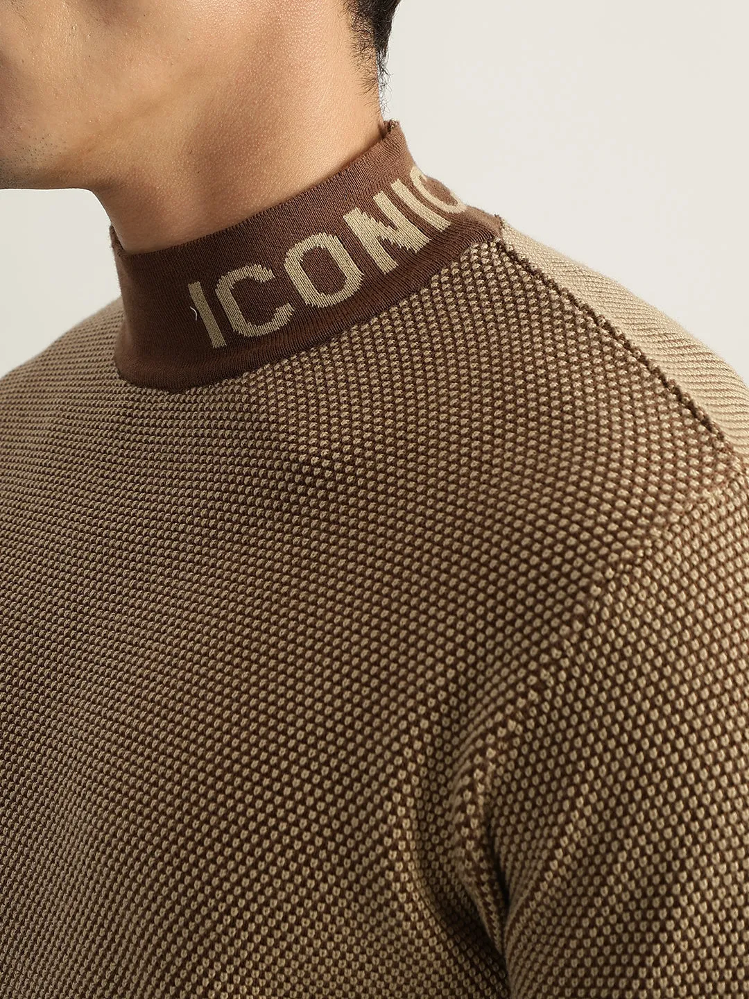 Iconic Men Brown Textured High Neck Full Sleeves Pullover Style Sweater