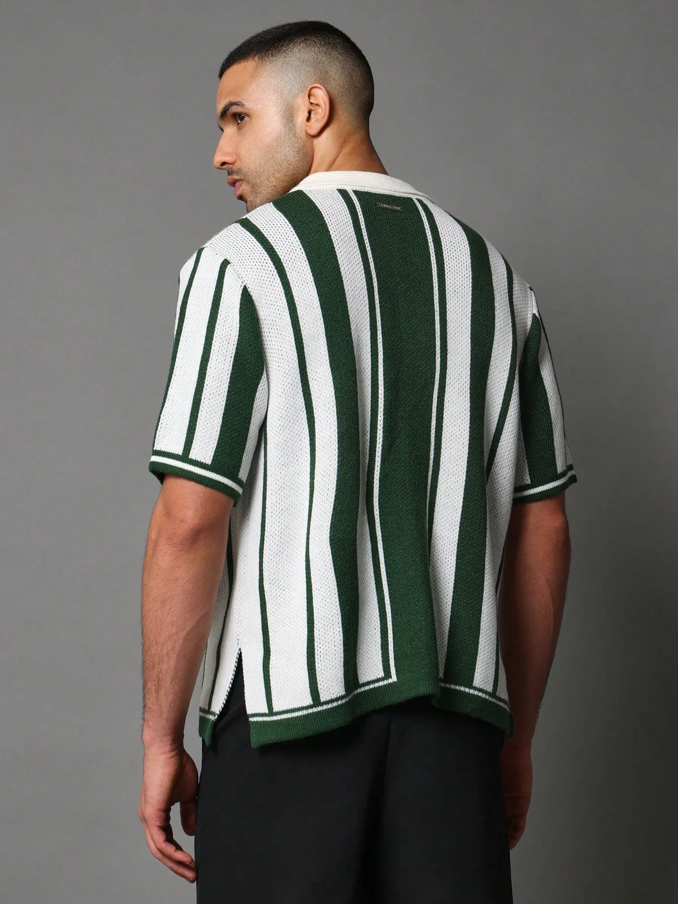 Oversized Knit Stripe Short Sleeve Polo Shirt