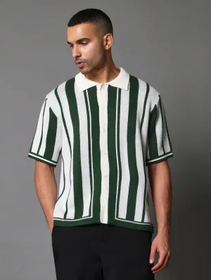 Oversized Knit Stripe Short Sleeve Polo Shirt