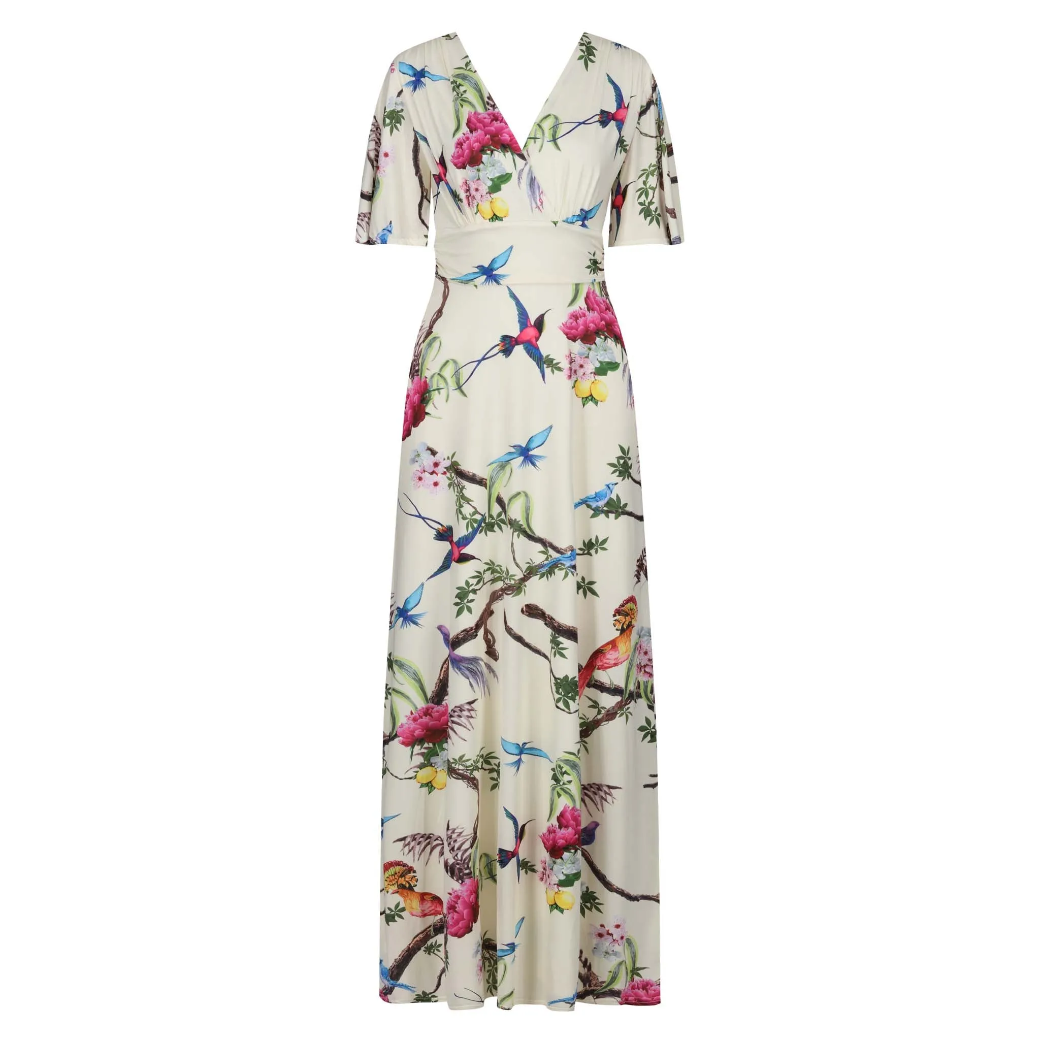 Pale Yellow Bird Print Waterfall Sleeve Maxi Dress