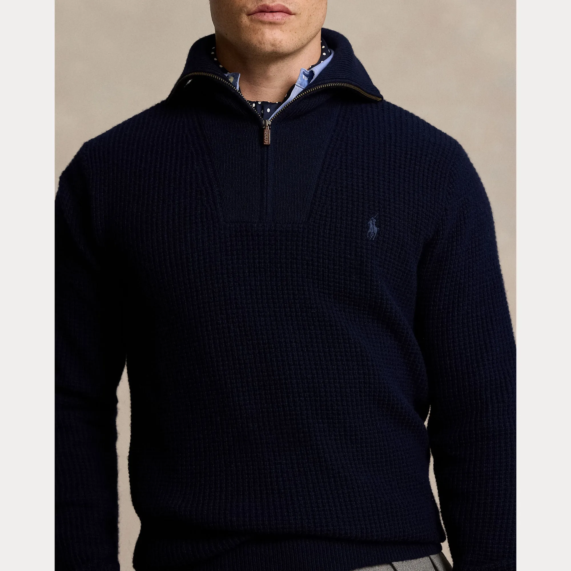 Polo Ralph Lauren Waffle Wool-Cotton Quarter-Zip Sweater - Navy