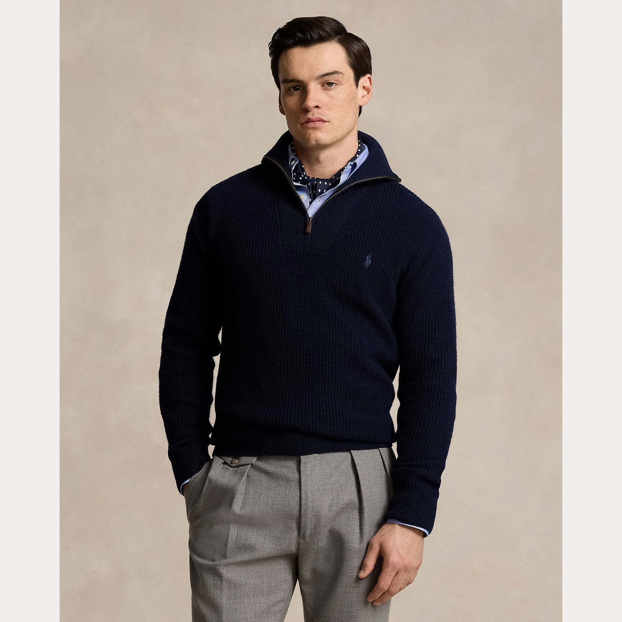 Polo Ralph Lauren Waffle Wool-Cotton Quarter-Zip Sweater - Navy