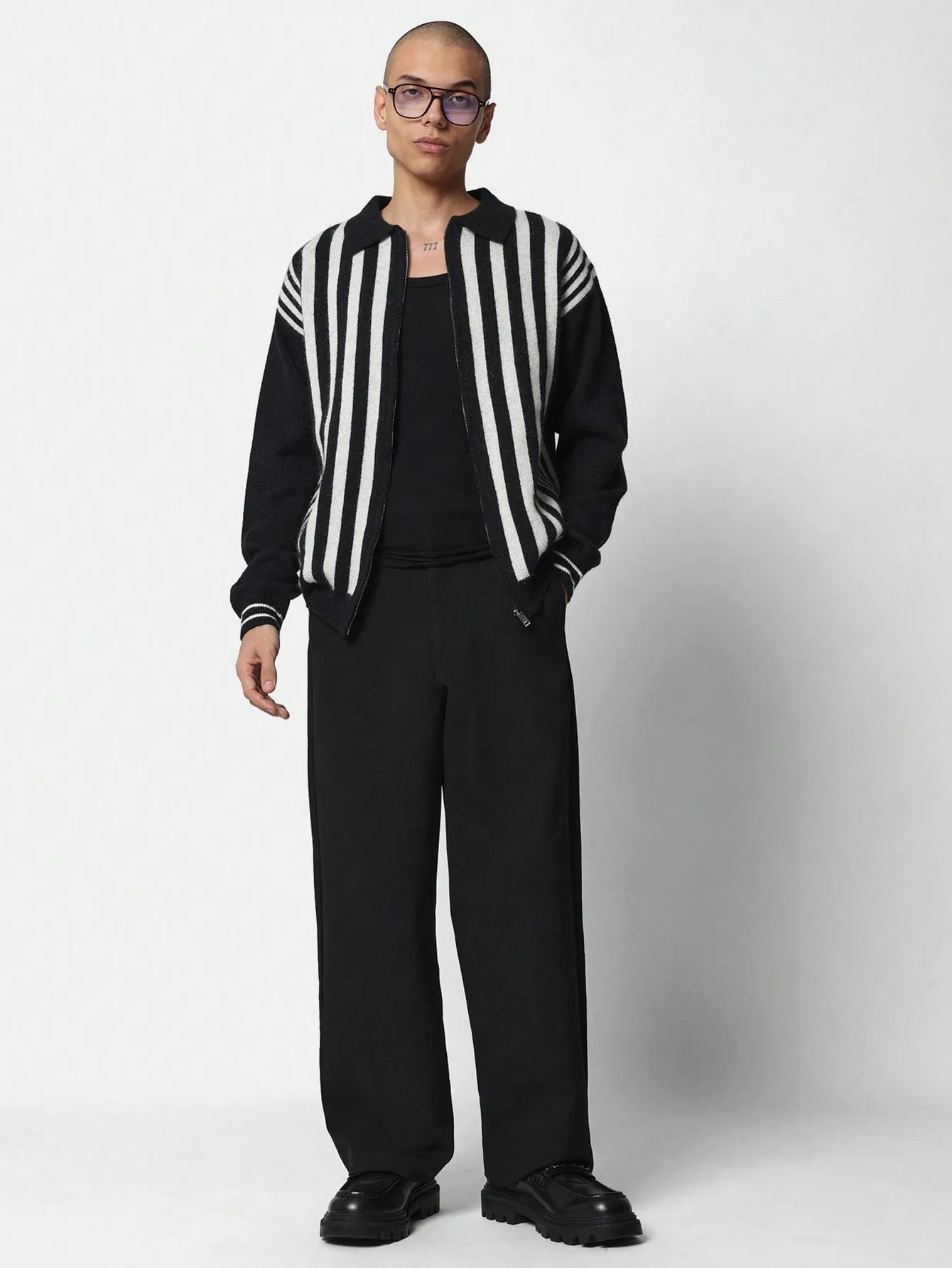 Regular Fit Zip-Up Revere Stripe Cardigan With Black Solid Sleeves