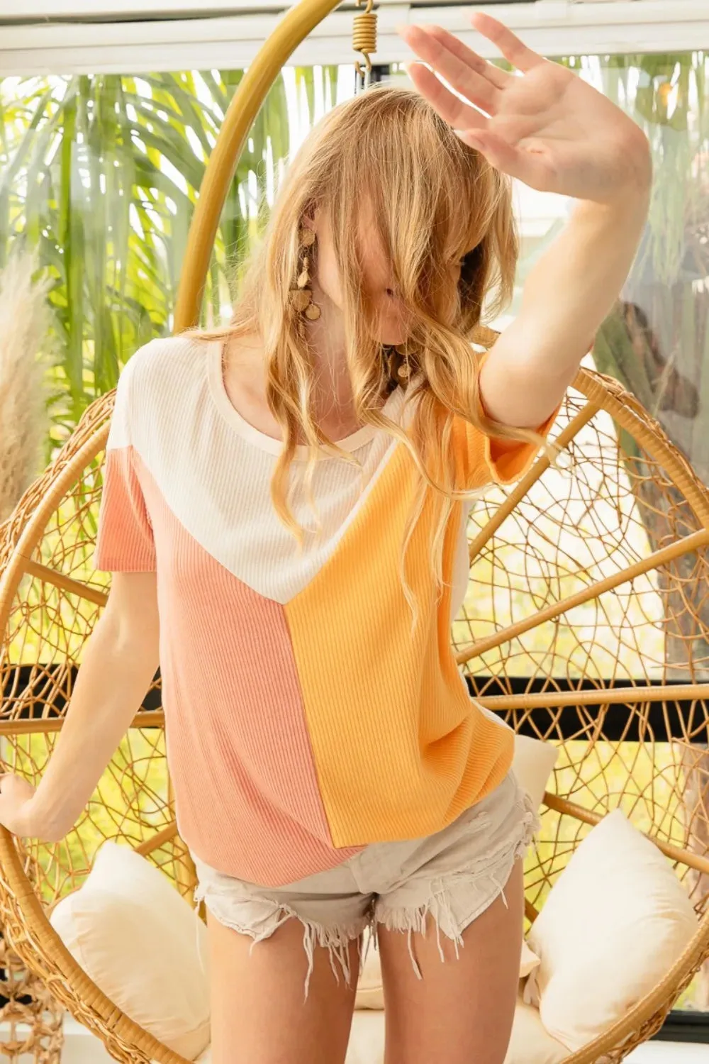 Round Neck Color Block Short Sleeve T-Shirt