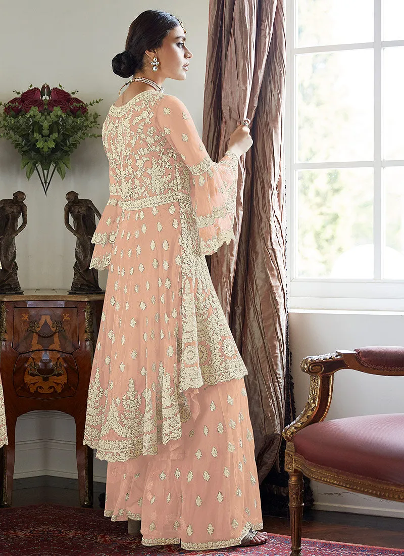 Soft Peach Multi Embroidered Designer Sharara Suit