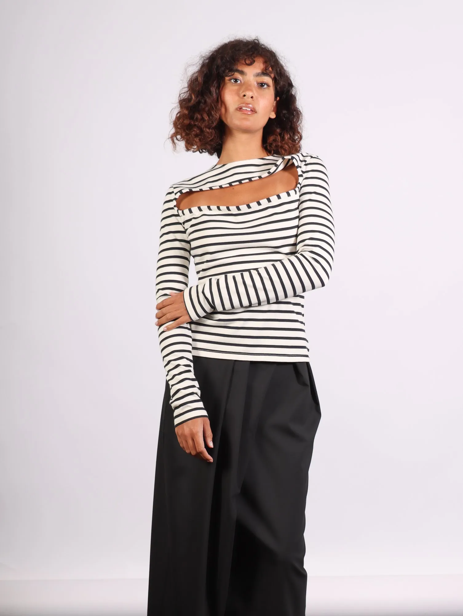 Striped Fitted Top with Cut Out in Navy & White by A.W.A.K.E. Mode