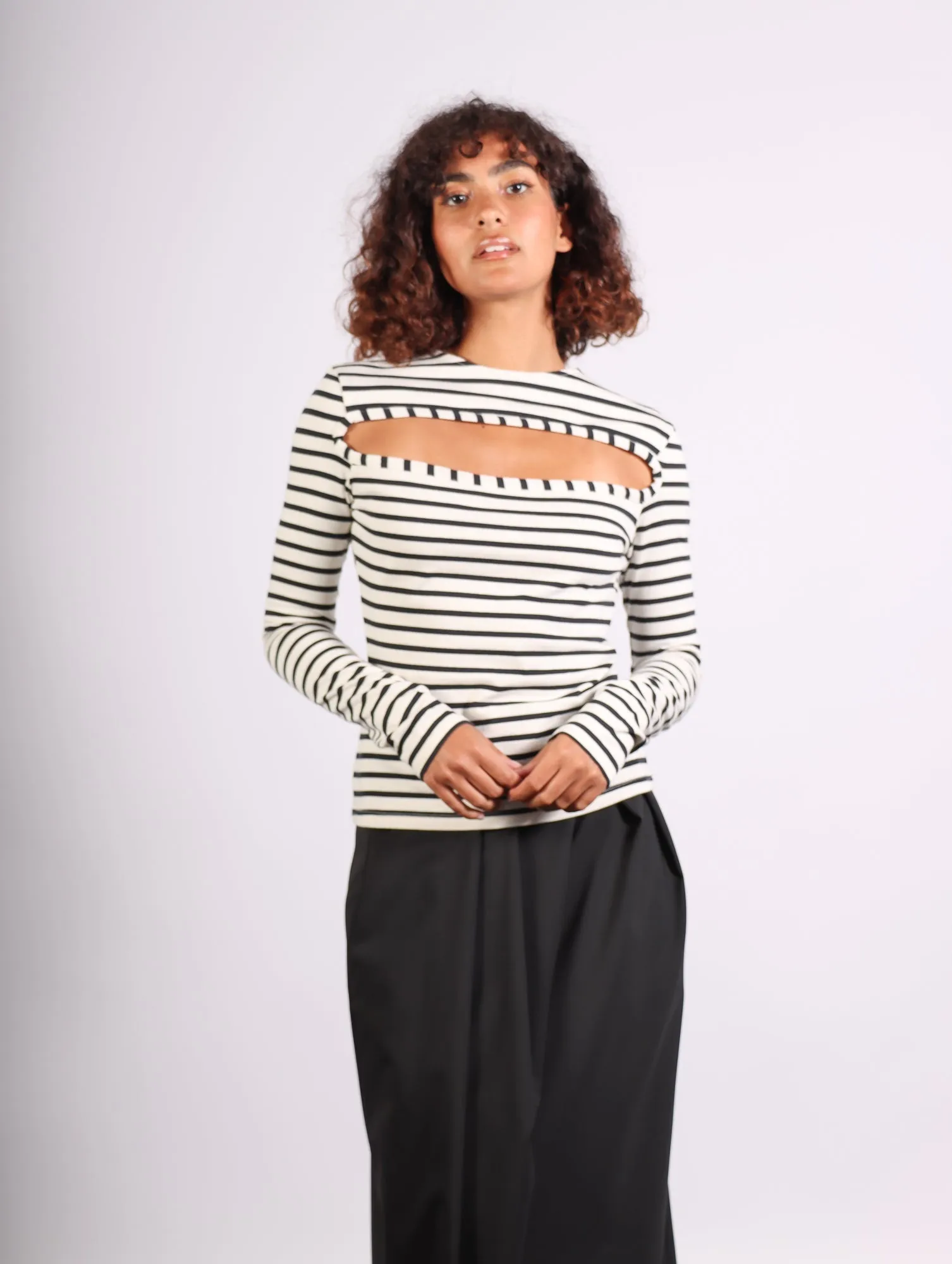 Striped Fitted Top with Cut Out in Navy & White by A.W.A.K.E. Mode