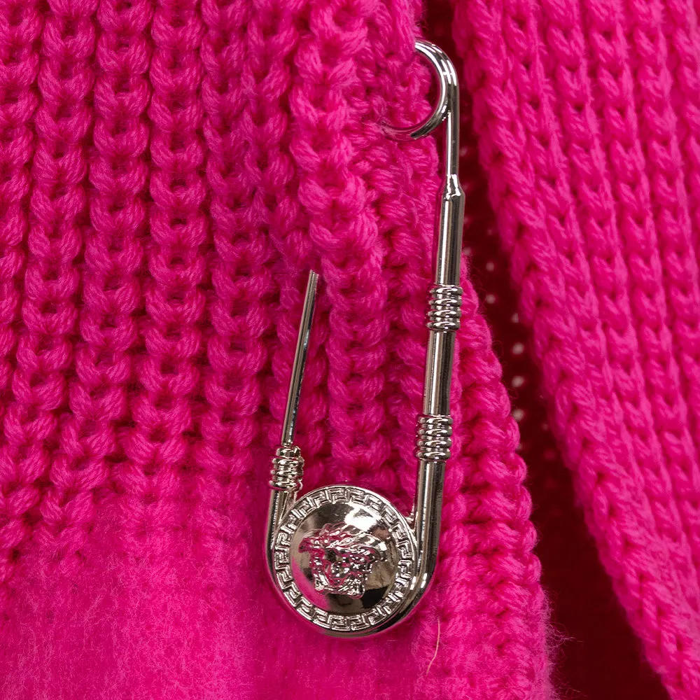 Versace Hot Pink Ribbed Knit Wool Medusa Silver Pin Scarf