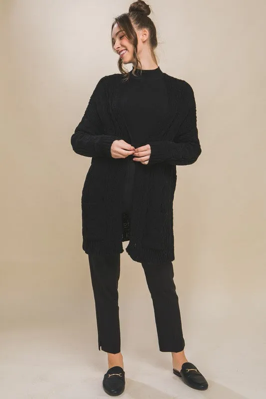 Warm Wishes - Black Chenille Cable Knit Oversized Cardigan