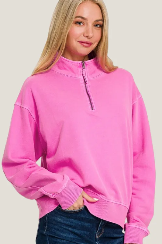 Washed Look Quarter Zip (Neon Pink)