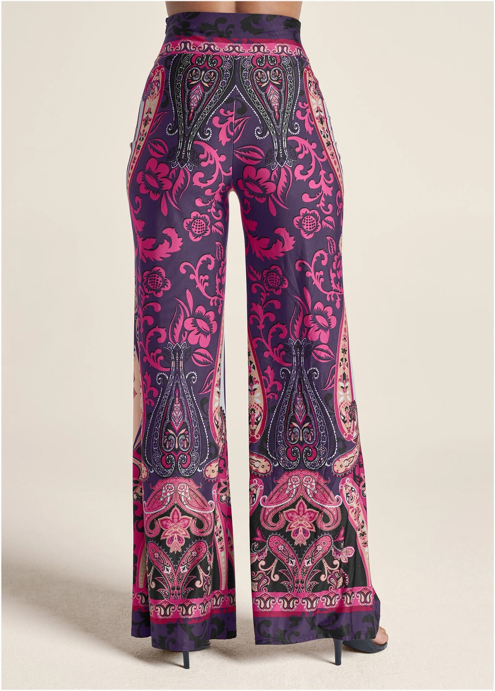 Wide Leg Paisley Print Pant - Pink Multi